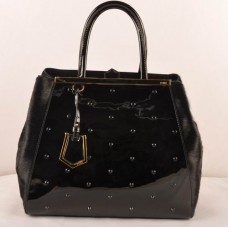 Fendi 2jours Große Tasche aus schwarzem Lackleder mit Rosshaar-Leder