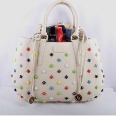 Fendi B Fab Weiße Ledertasche mit mehrfarbigem Schmuckbesatz, große Henkeltasche Fendi B Fab Weiße Ledertasche mit mehrfarbigem Schmuckbesatz, große Henkeltasche