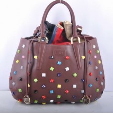 Fendi B Fab Coffee Ledertasche mit mehrfarbigem Schmuckbesatz, große Henkeltasche