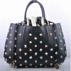 Fendi B Fab Schwarze Ledertasche mit goldenen Schmucksteinen, große Henkeltasche Fendi B Fab Schwarze Ledertasche mit goldenen Schmucksteinen, große Henkeltasche