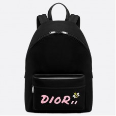 Dior X Kaws schwarzer Nylon-Rucksack mit pinkfarbenem Dior-Logo