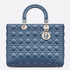 Große Lady Dior Tasche von Dior aus Denimblauem Cannage-Lammleder