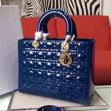 Große Dior Lady Dior Tasche aus blauem Lackleder Große Dior Lady Dior Tasche aus blauem Lackleder