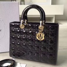 Große Lady Dior Tasche von Dior aus schwarzem Lackleder